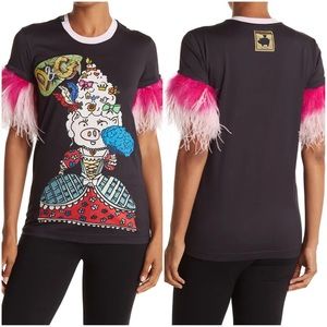 Graphic Print Feather Trim Crew Tee T-Shirt DOLCE & GABBANA XS